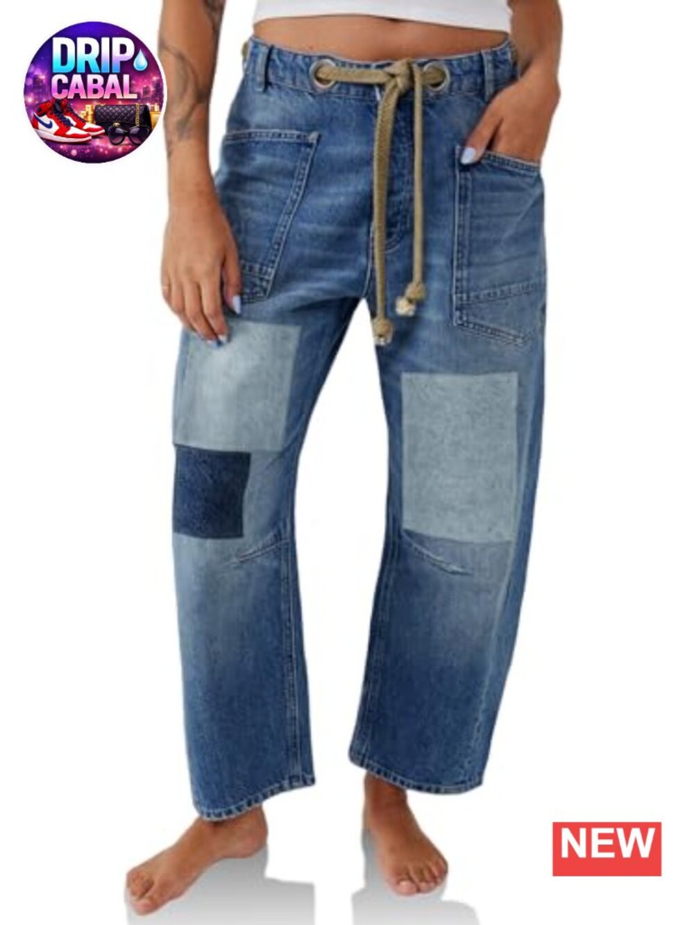 Women's Baggy Barrel Horseshoe Jeans Low Rise Patchwork Wide Leg Denim Pants